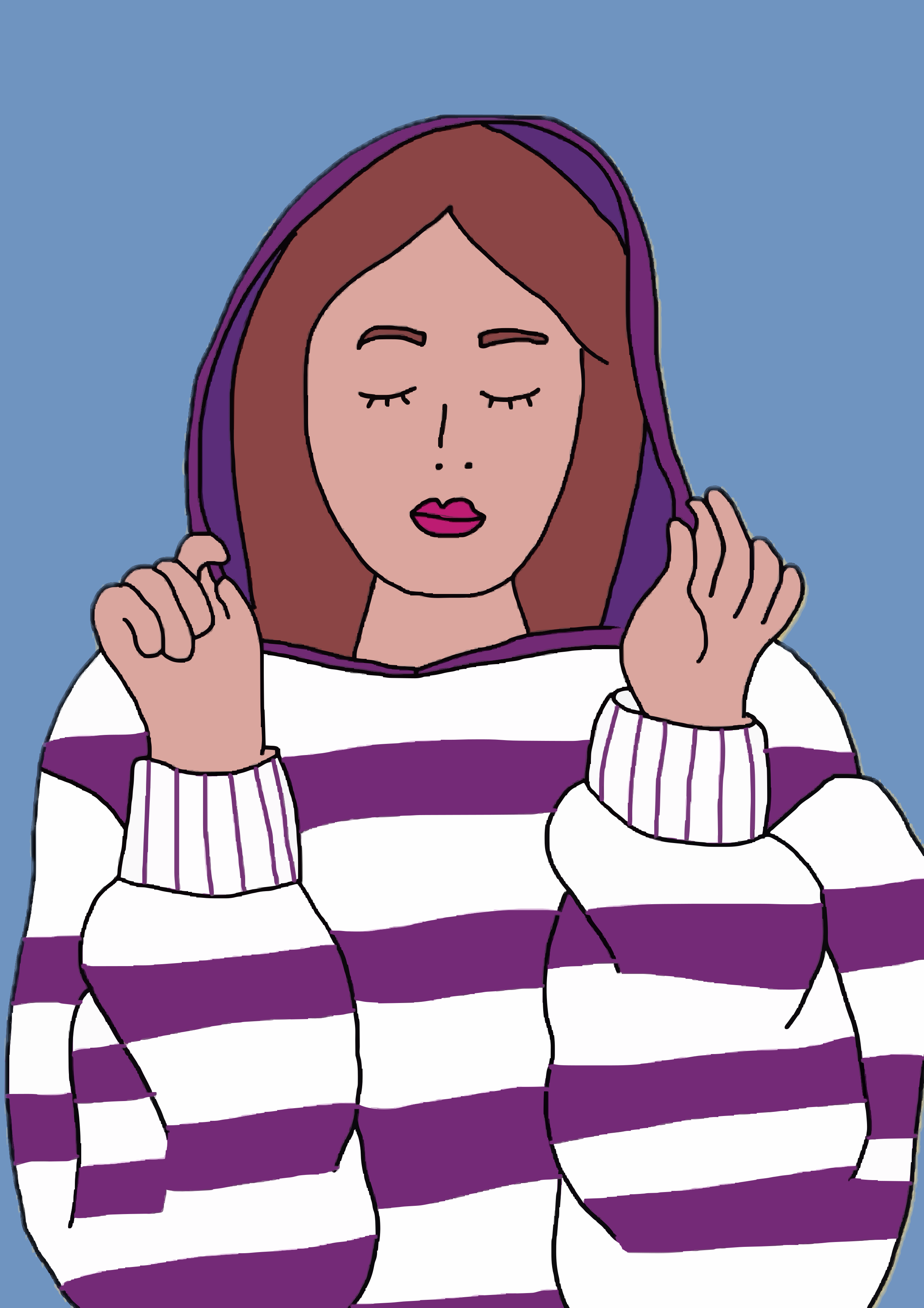 Una persona con un jersey de rayas moradas y blancas y la capucha puesta