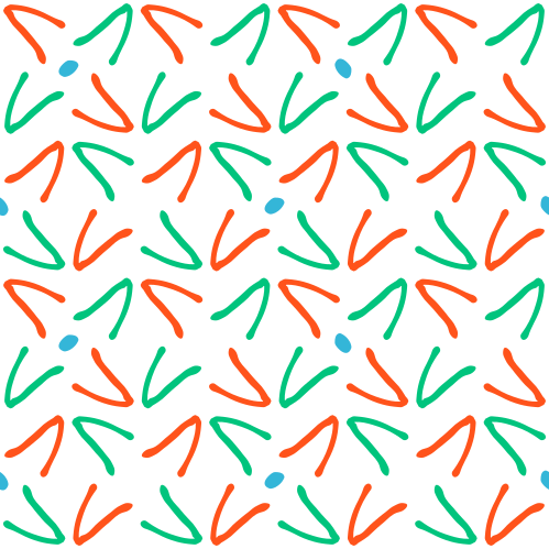 Un patrón repetitivo de formas dibujadas a mano en verde y naranja con pequeños puntos azules
