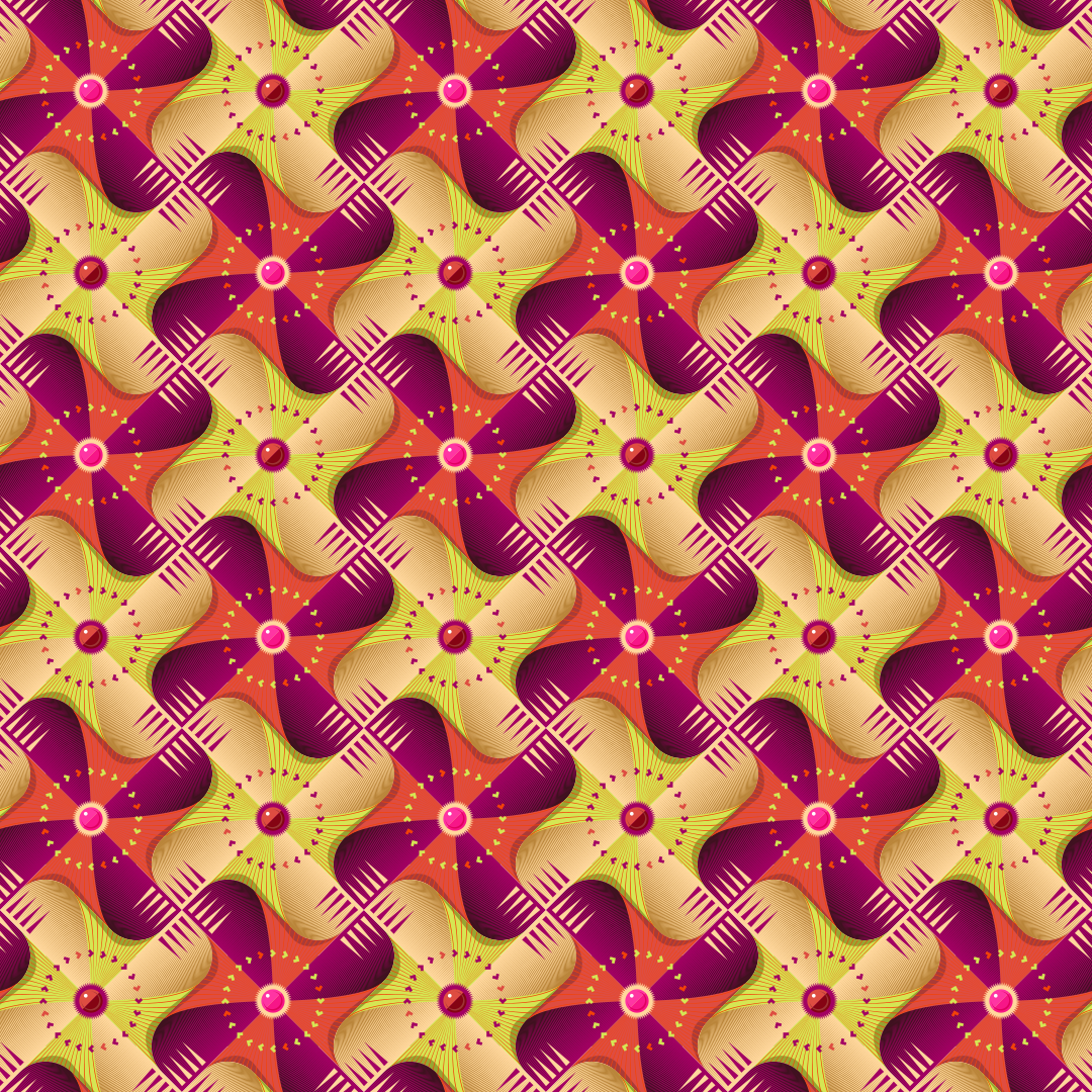 Um padrão repetitivo de cata-ventos estilizados em tons de roxo, laranja e amarelo