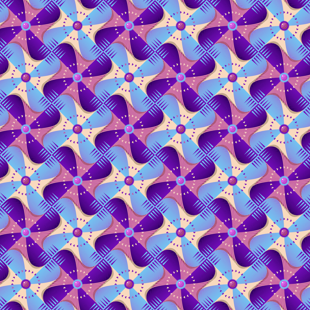 Um padrão repetitivo de formas de cata-vento roxo e azul com detalhes circulares centrais
