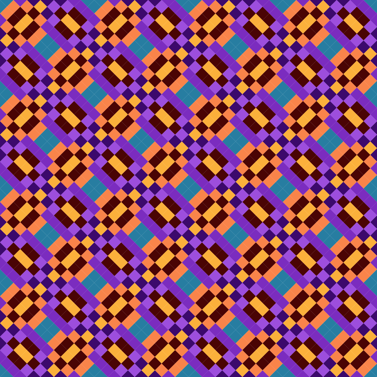 Pola geometris tanpa sambungan dari kotak-kotak kecil berwarna ungu, oranye, kuning, dan teal