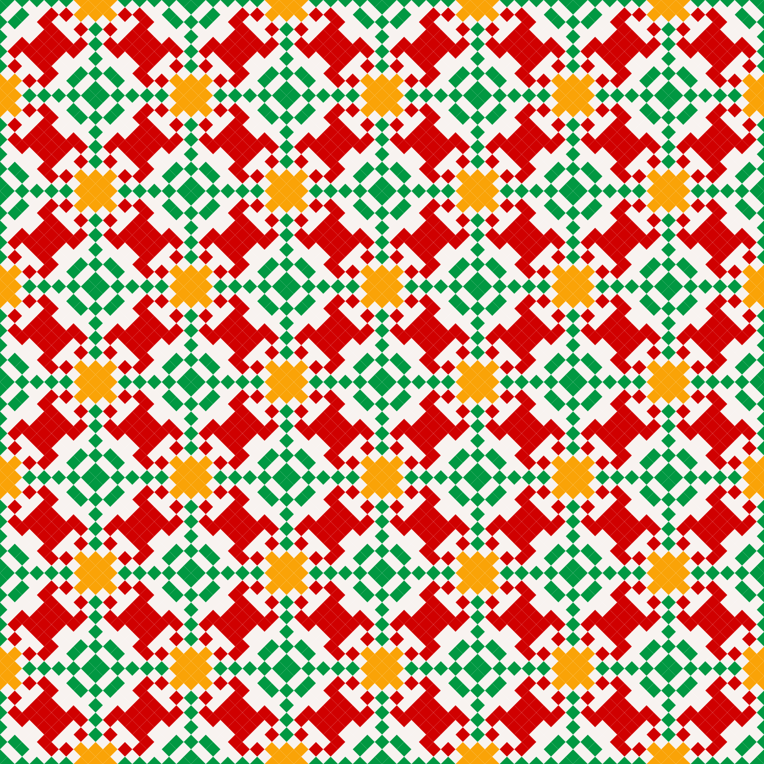 赤、緑、黄色の四角が白地にシームレスに描かれた幾何学模様