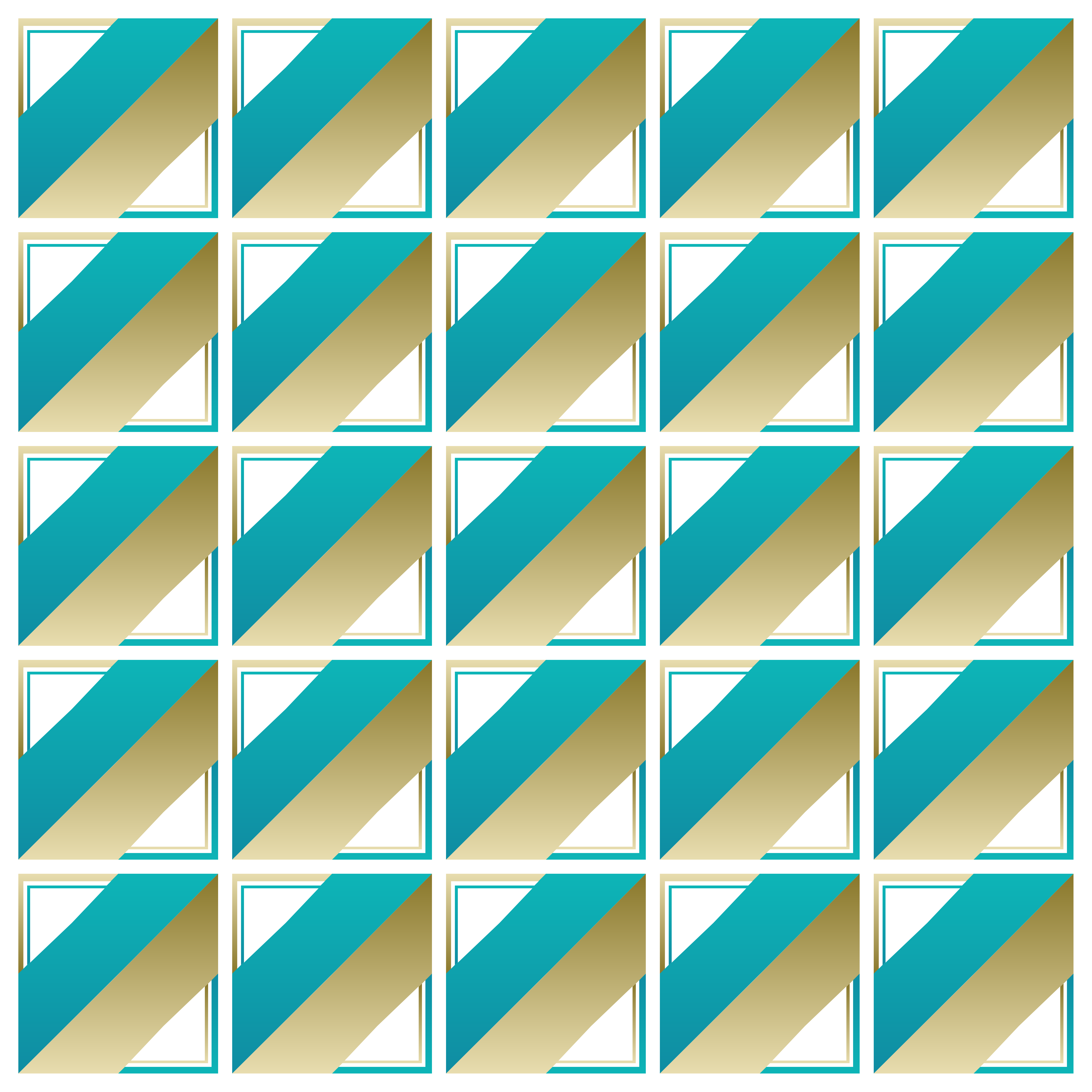 Un motivo ripetuto di quadrati contenenti strisce diagonali teal e oro