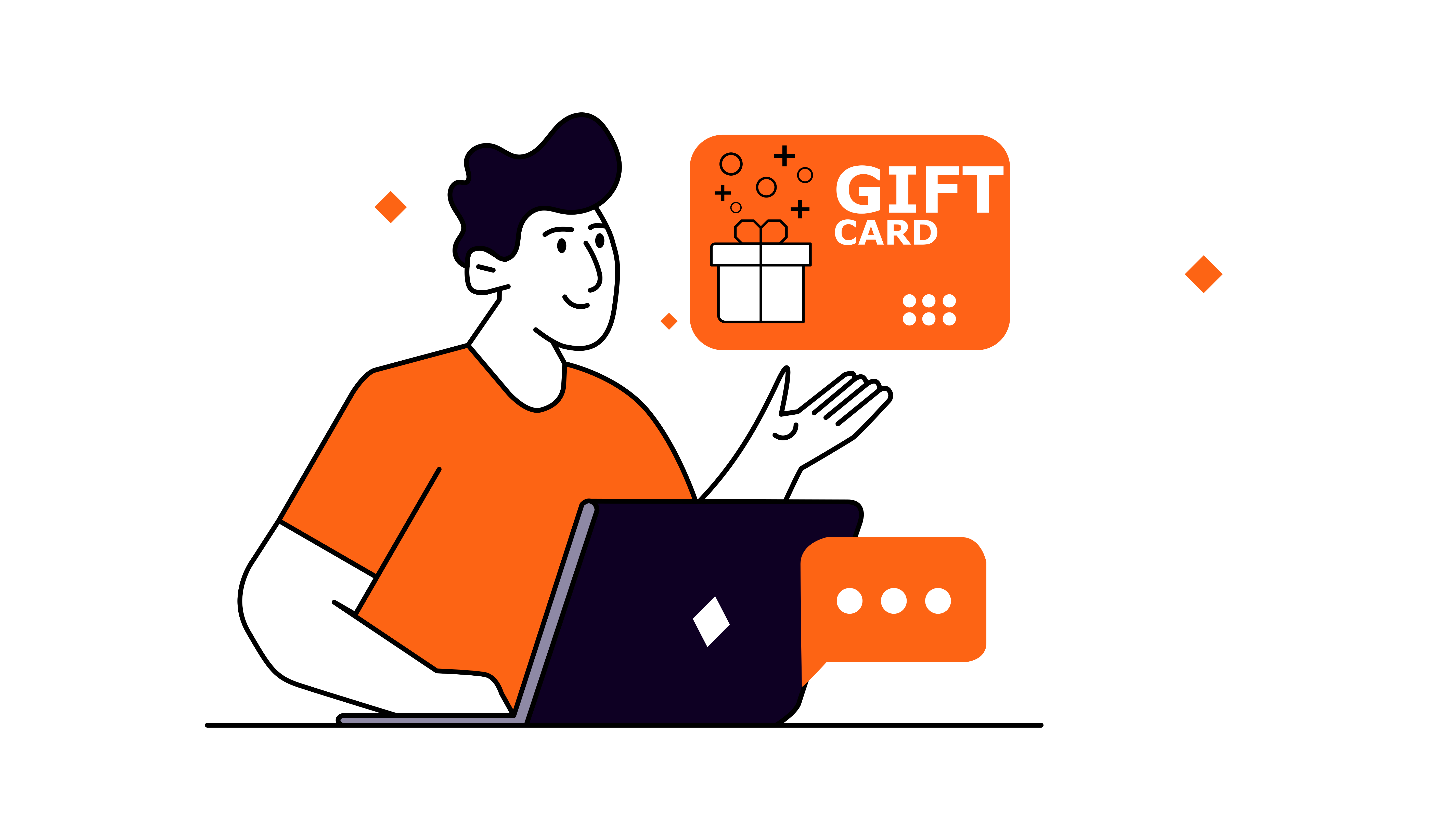 Uma pessoa com uma camisa laranja usando um laptop com um ícone de cartão-presente