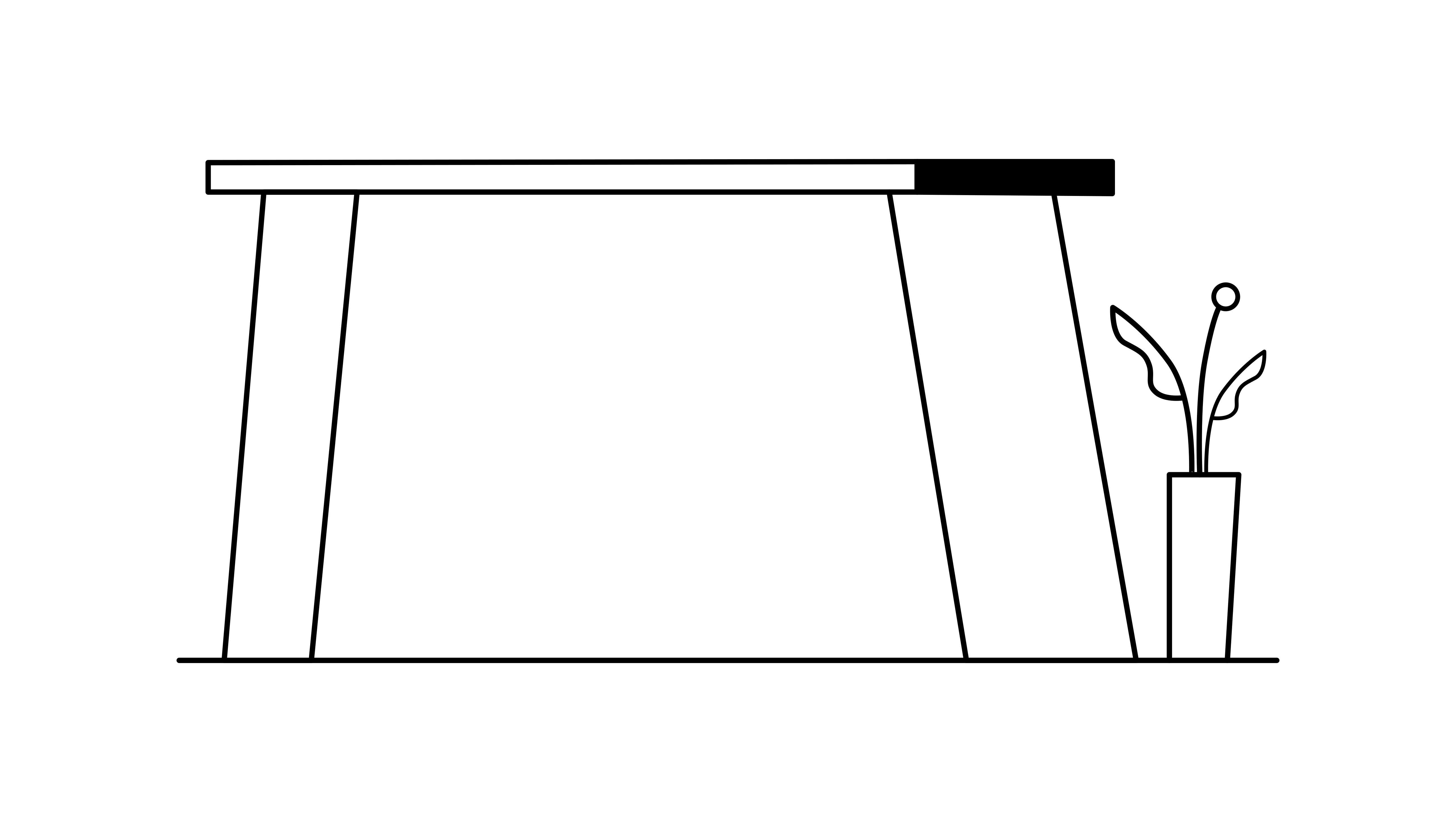 Eine minimalistische Strichzeichnung eines Tisches mit einer kleinen Topfpflanze