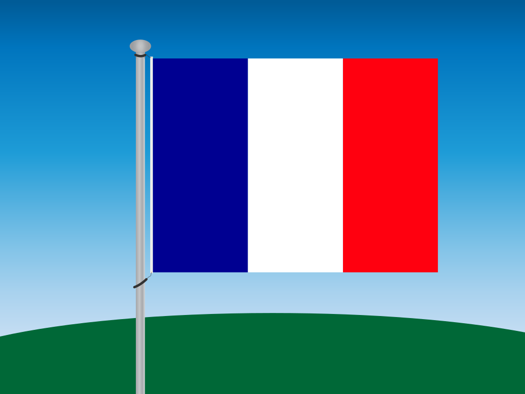 青空を背景に金属の棒に掲げられたフランスの国旗