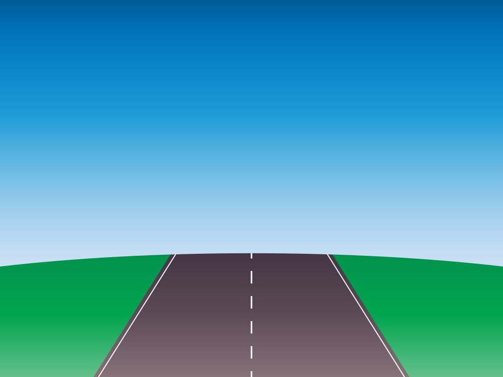 A straight asphalt road leading into a green landscape under a clear blue sky