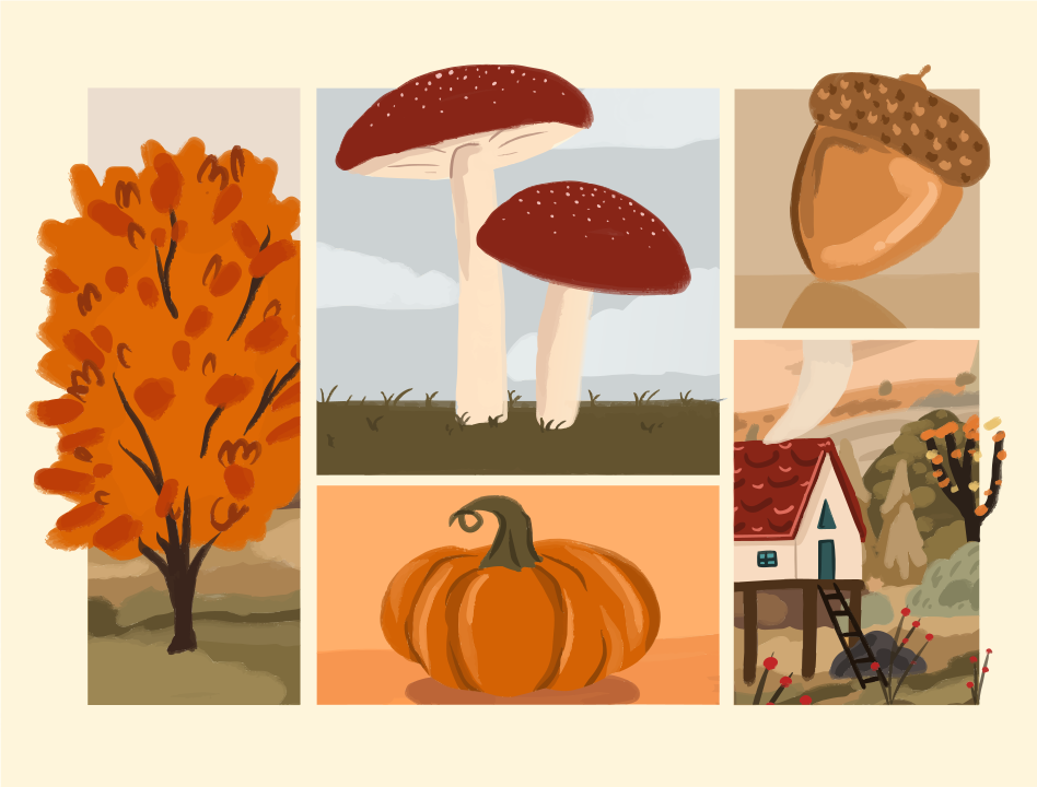 A collage of autumn icons including a tree, mushrooms, an acorn, pumpkin, and cabin