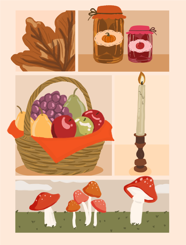 Uma cesta de frutas, potes de conservas, uma vela e cogumelos no outono