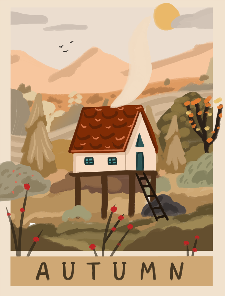 Une petite maison sur pilotis avec de la fumée s’échappant d’une cheminée en automne