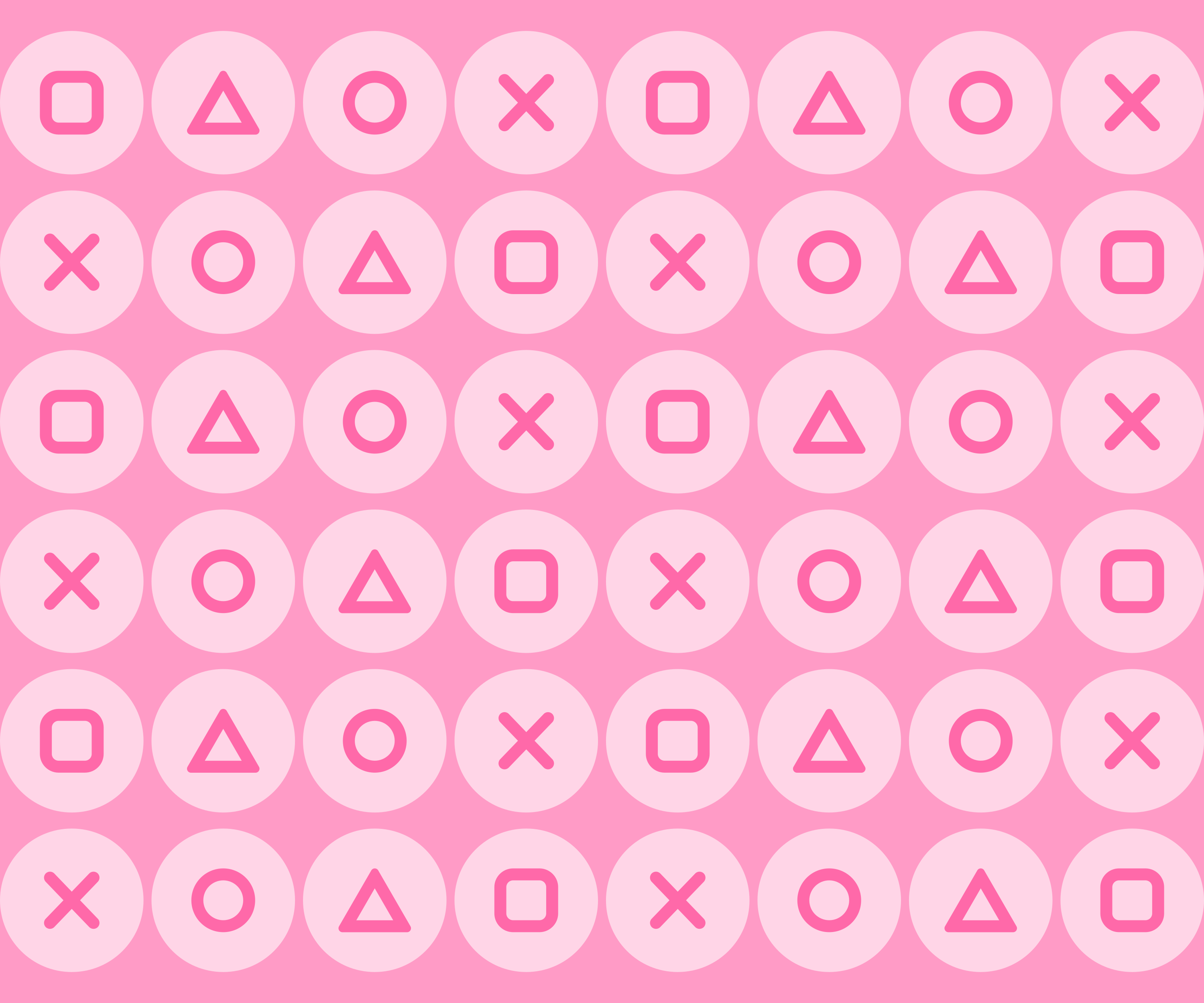 Un motivo ripetuto di cerchi rosa contenenti quadrati, triangoli, cerchi e croci