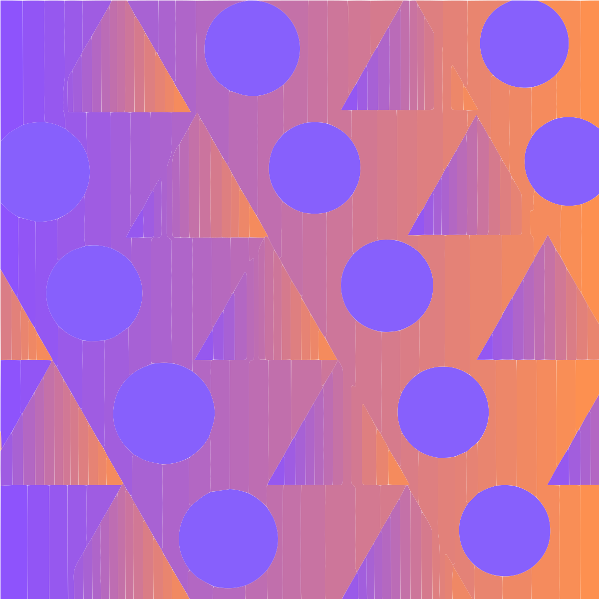 Des cercles et triangles violets disposés en motif répétitif sur un fond orange