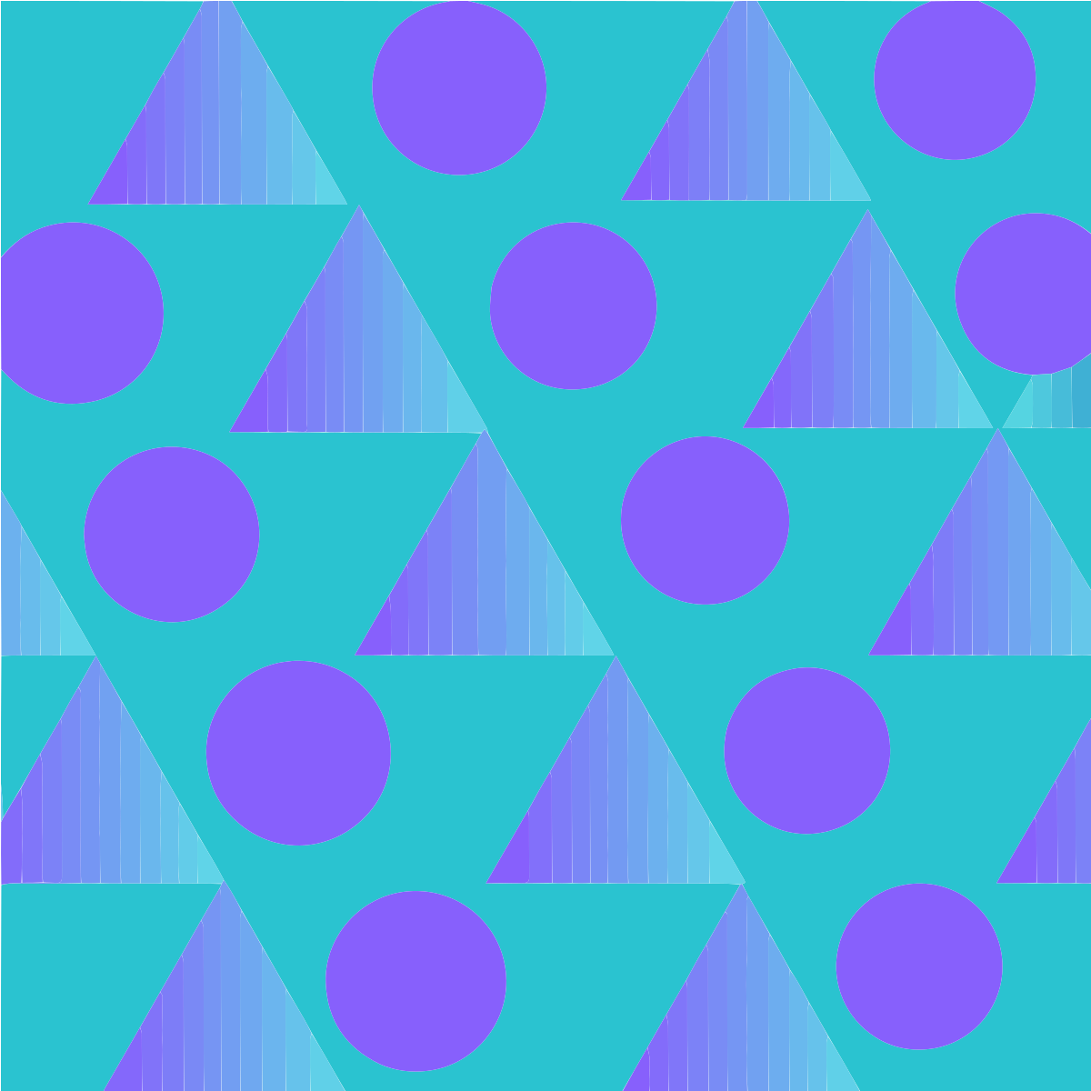 Ein sich wiederholendes Muster aus violetten Kreisen und Dreiecken auf einem leuchtend türkisfarbenen Hintergrund
