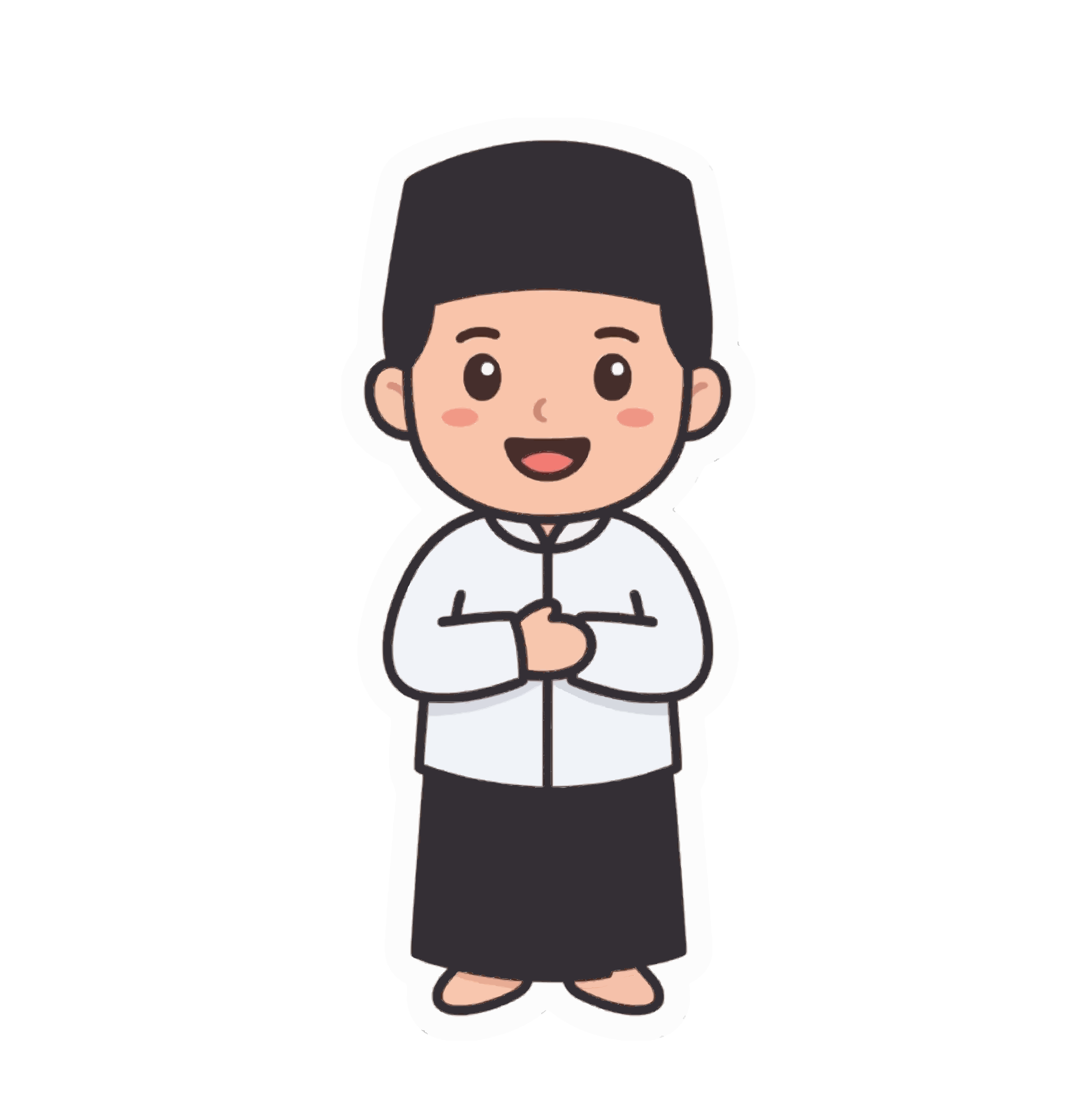 Un chico de dibujos animados con camisa blanca, sarong negro y gorra negra
