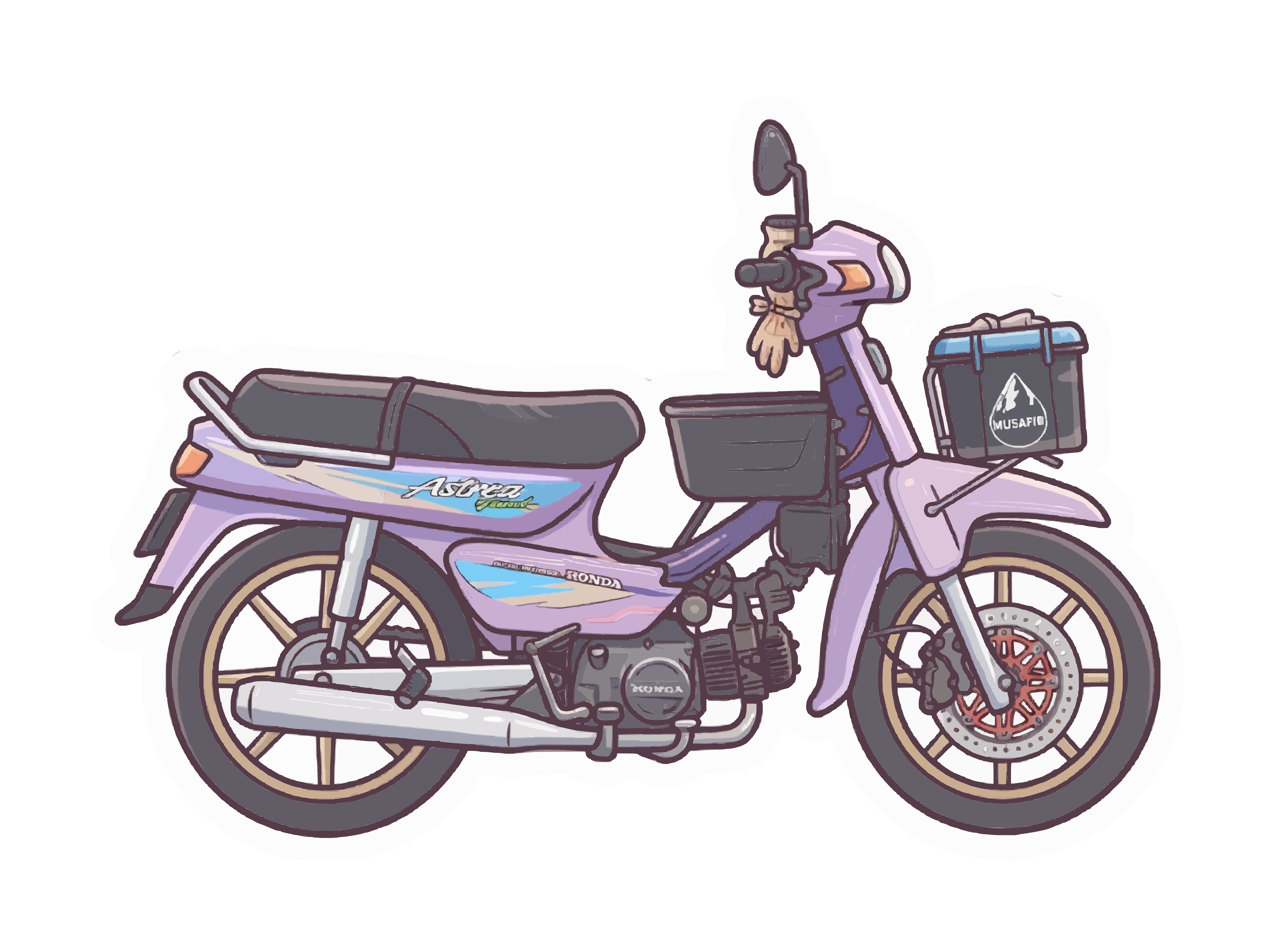 Ein lila Honda Astrea Motorrad mit einer Aufbewahrungsbox und einem Korb auf weißem Hintergrund
