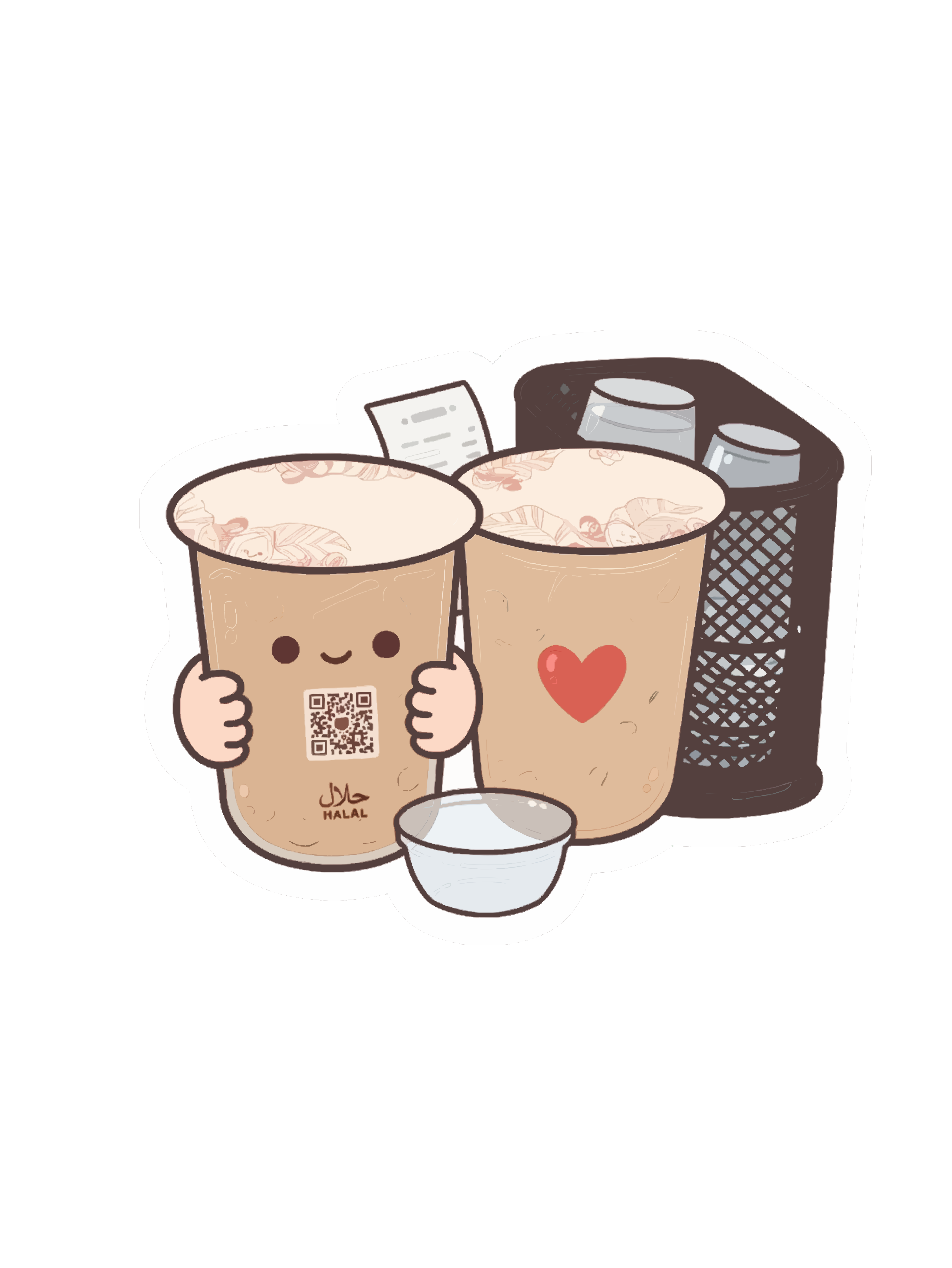 Dos tazas de bubble tea de dibujos animados con caras junto a un cuenco pequeño y un contenedor