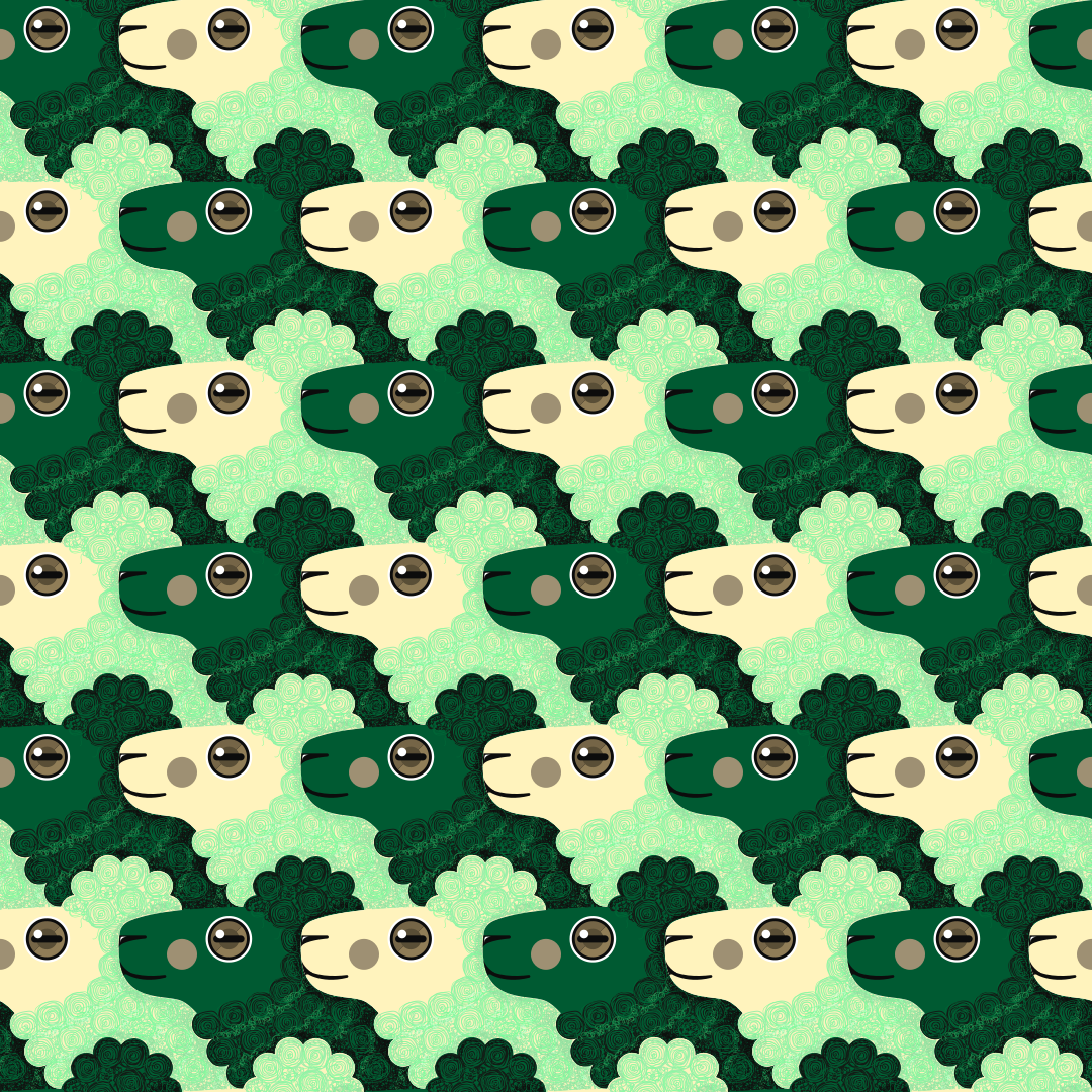 Un motif répétitif de têtes de mouton crème stylisées et vert foncé