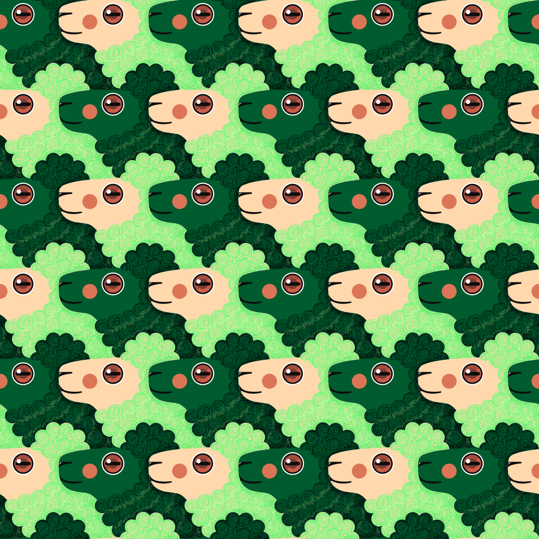 Un motif répétitif de têtes de mouton stylisées vertes et crème sur un fond vert