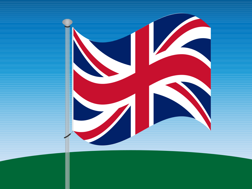 La bandiera dell'Union Jack che sventola su un palo contro un cielo azzurro