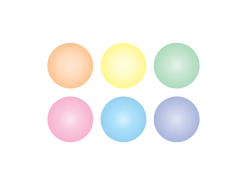 Sei sfere colorate in arancione, giallo, verde, rosa, blu e viola pastello