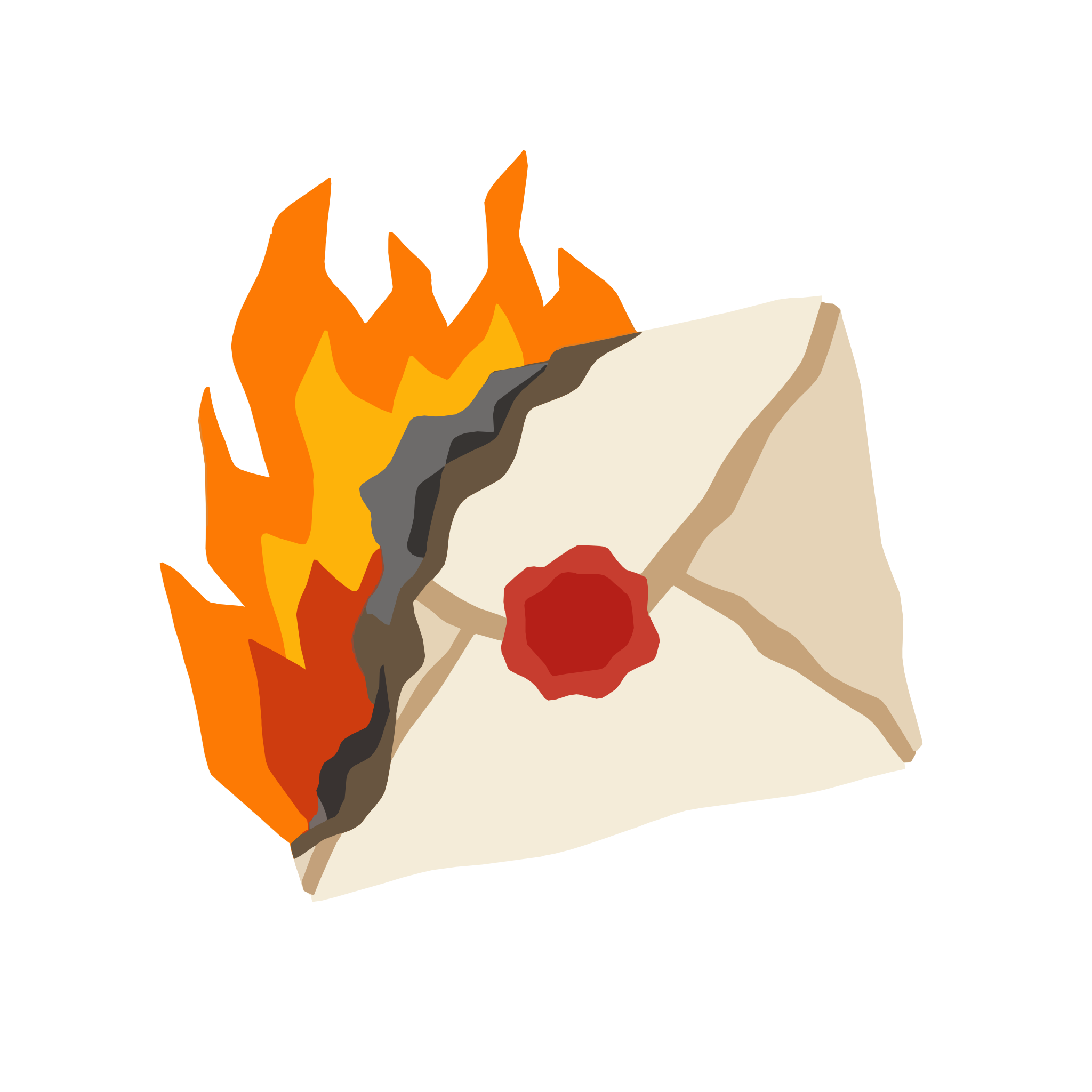 Um envelope cor creme com um selo de cera vermelha queimando em chamas brilhantes