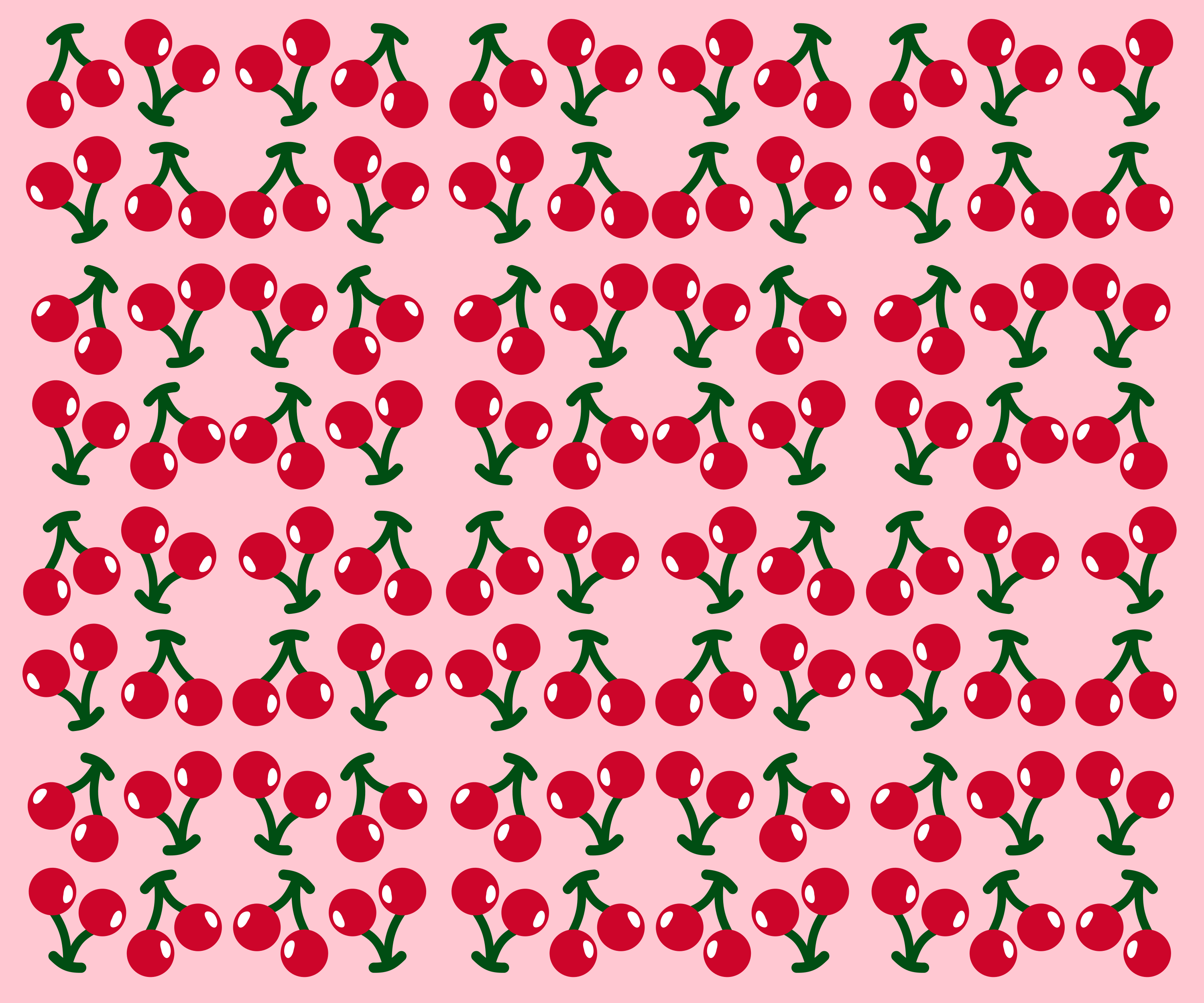 Un patrón repetitivo de cerezas rojas con tallos verdes sobre un fondo rosa claro