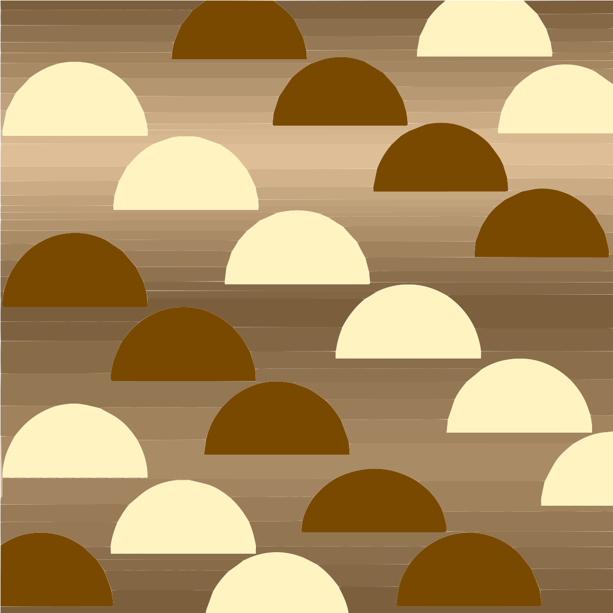 Um padrão repetitivo de semicírculos creme e marrons sobre um fundo listras em tons bege
