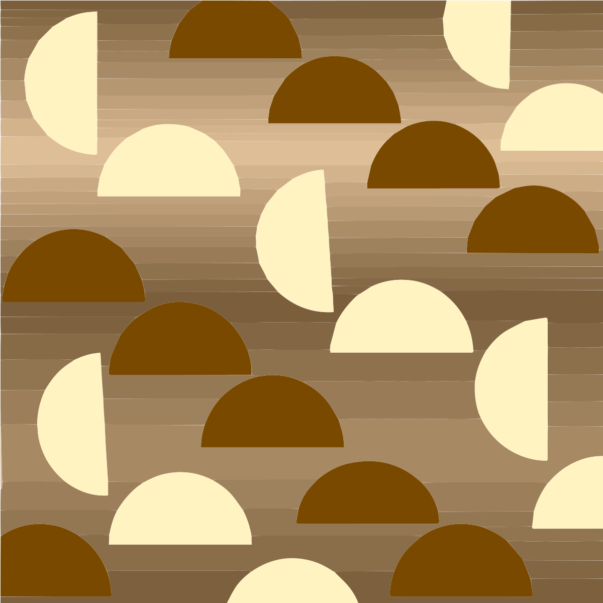 Um padrão de semicírculos creme e marrons sobre um fundo marrom listrado horizontalmente