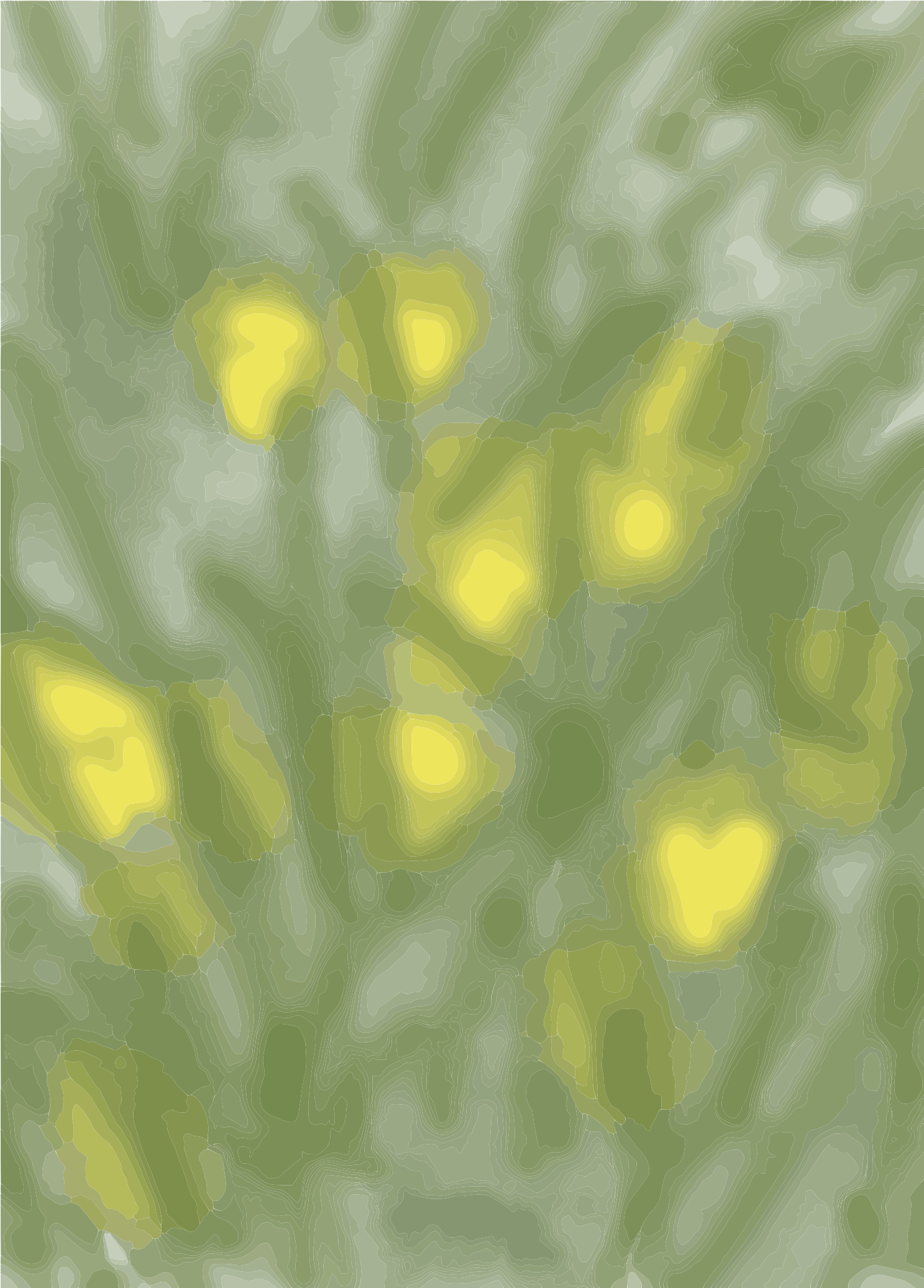 Abstract pattern of yellow shapes on a layered green background