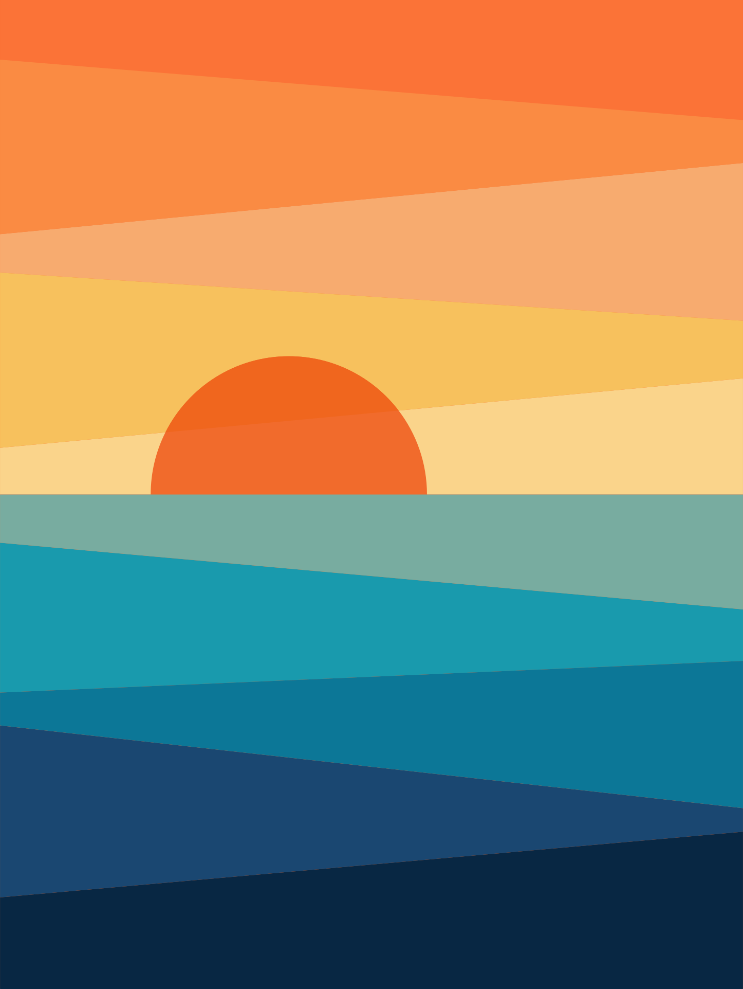 A minimalist graphic of a sun over a layered blue ocean
