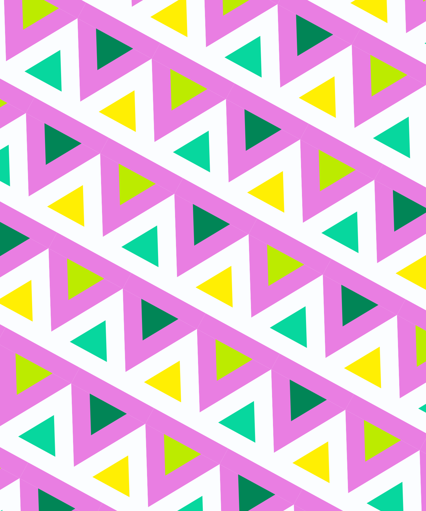 Un motivo ripetuto di strisce rosa e triangoli colorati in verde e giallo