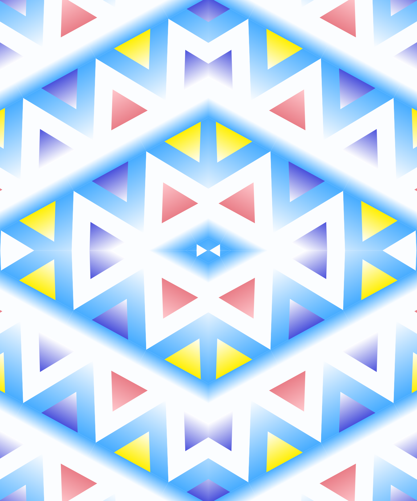 Un motivo geometrico senza soluzione di continuità di triangoli blu, giallo e rosa su bianco
