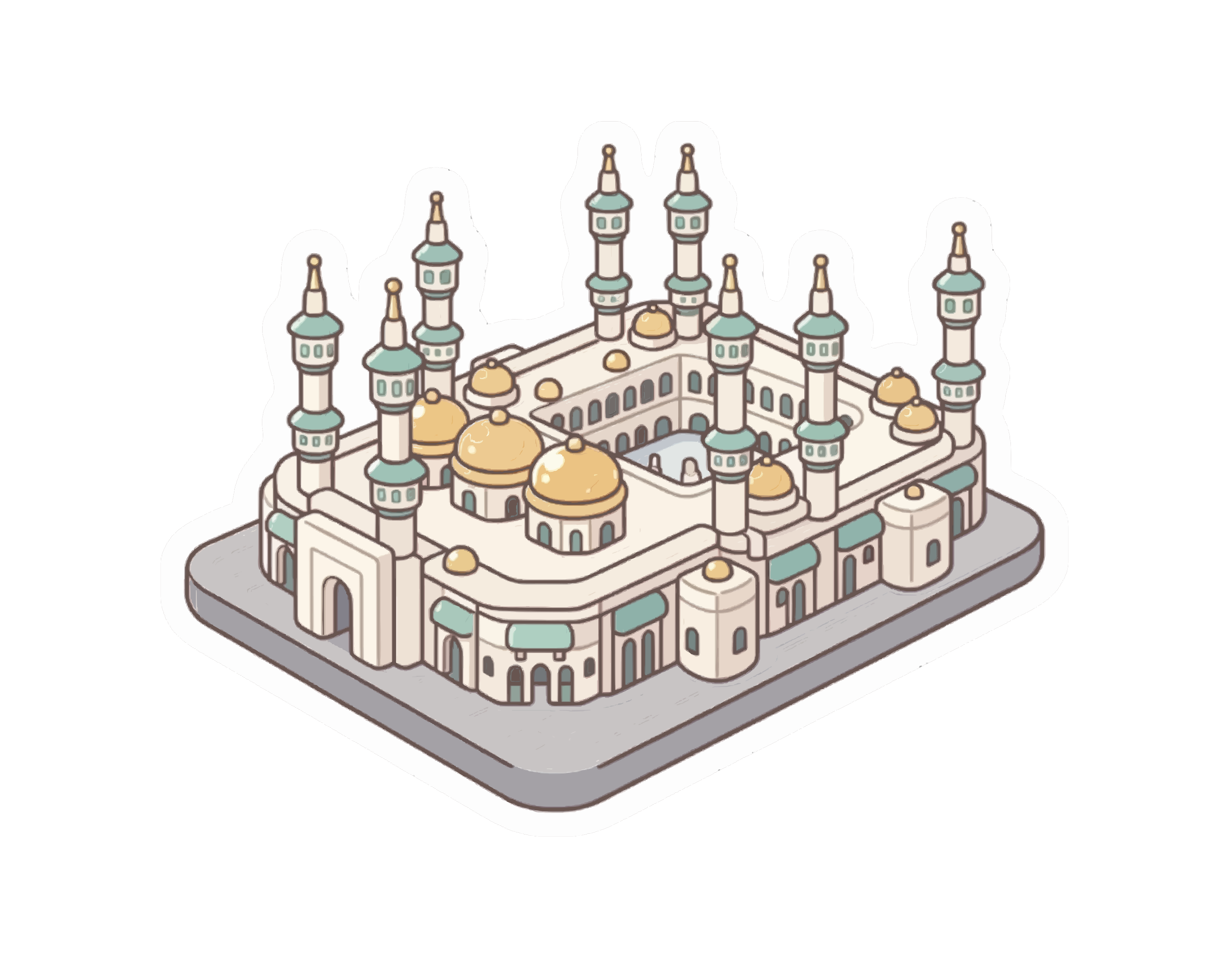 Une mosquée avec des minarets et des dômes dorés entourant une cour centrale ouverte