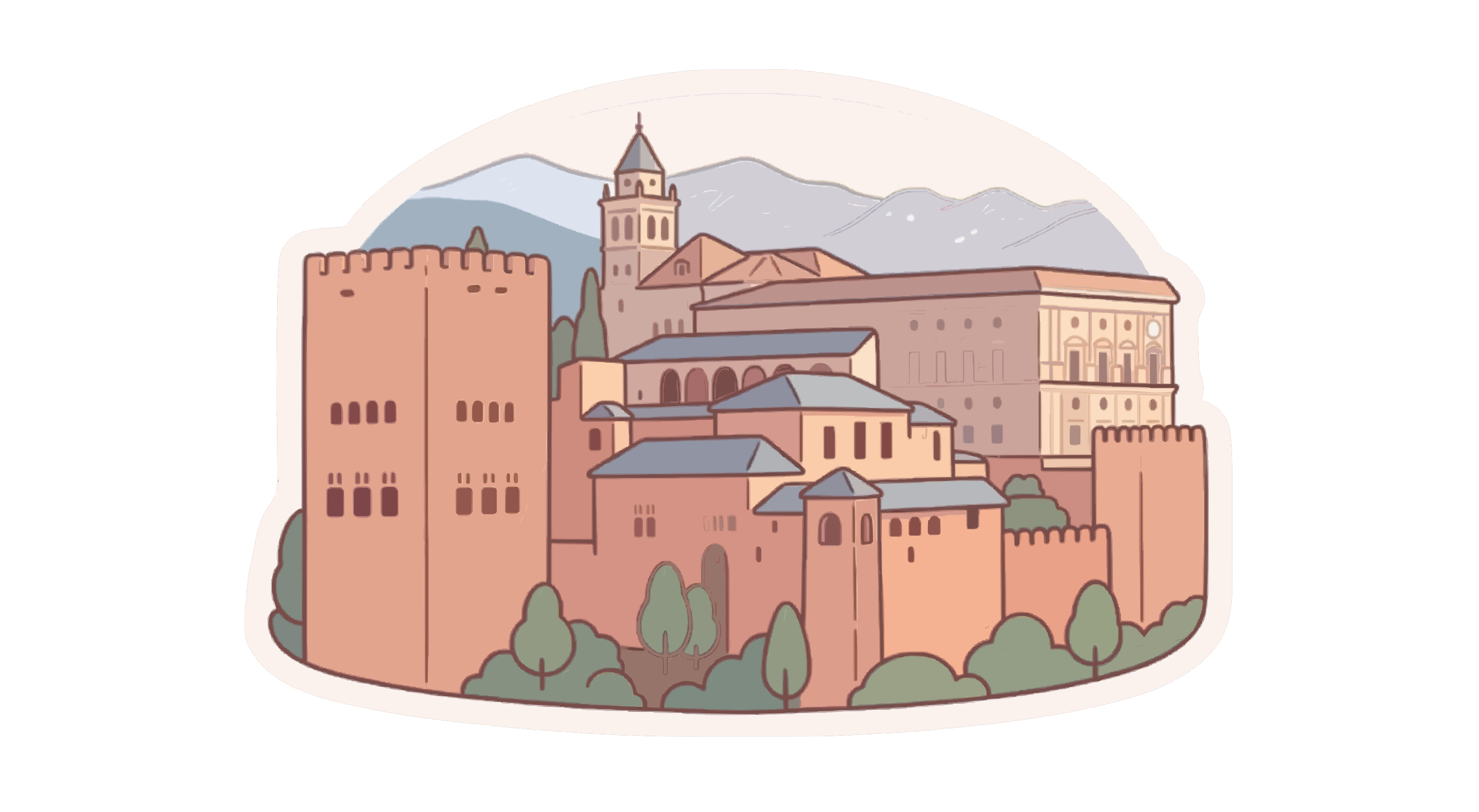 Il complesso palazzo dell'Alhambra con torri e mura contro montagne lontane a Granada
