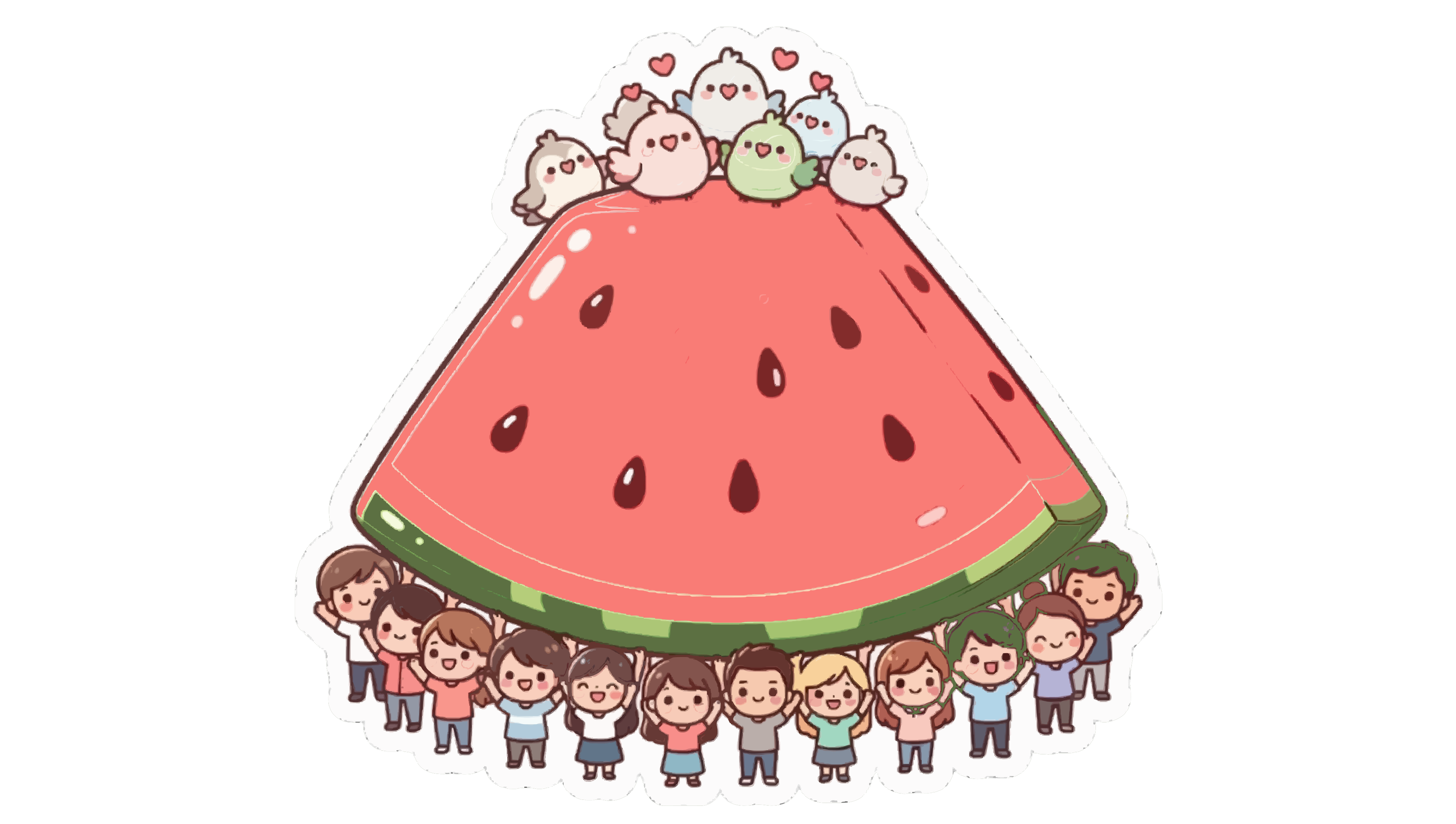 Eine Gruppe von Menschen, die eine große Wassermelonenscheibe mit Vögeln oben hochhalten