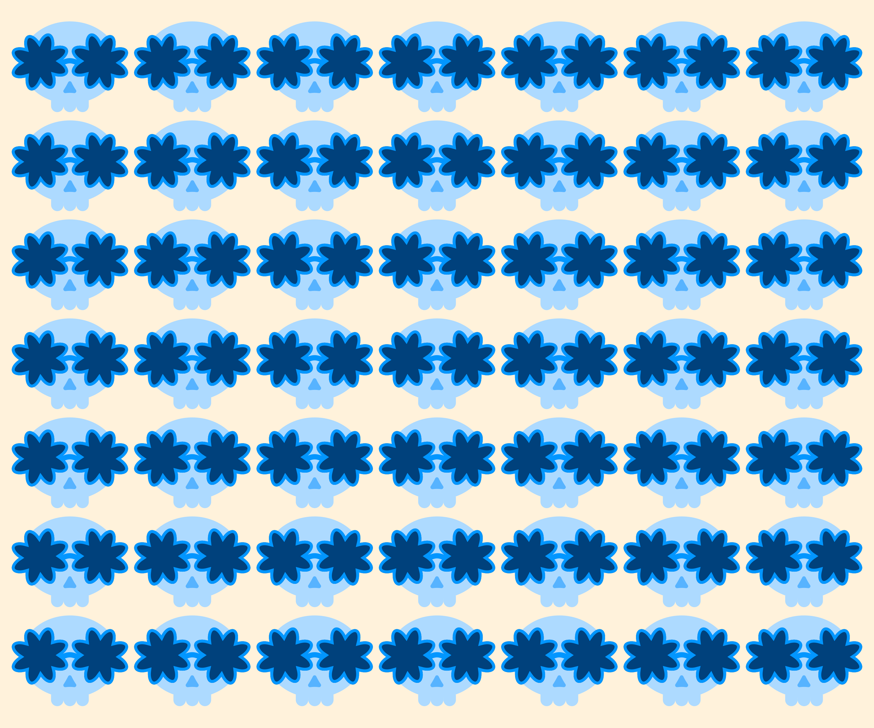 Un motivo ripetuto di teschi azzurro chiaro con occhi a forma di fiore blu scuro