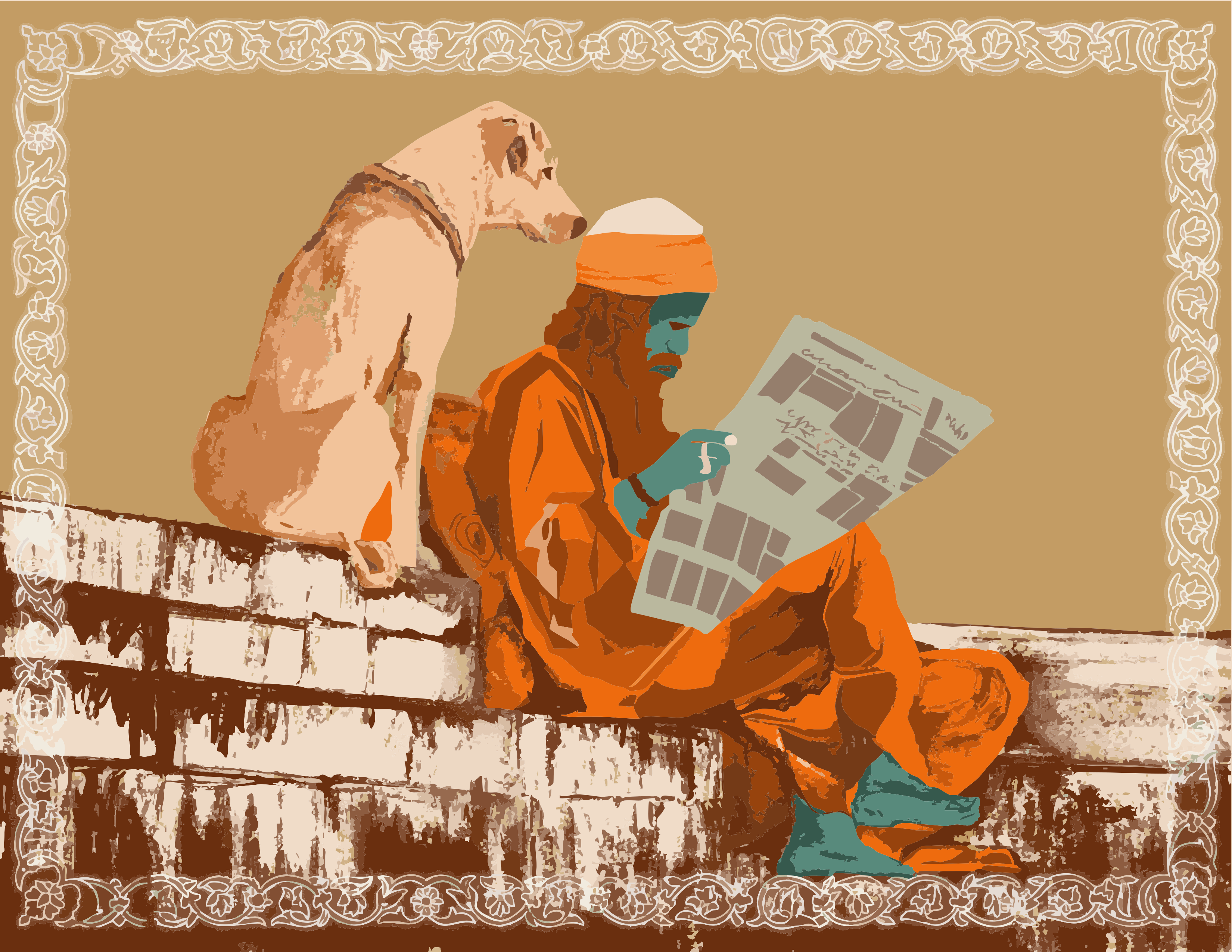 Una persona con túnicas naranjas leyendo un periódico junto a un perro en escaleras de piedra