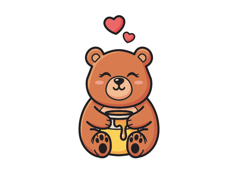Un orso bruno che tiene un barattolo di miele con due cuori rossi sopra