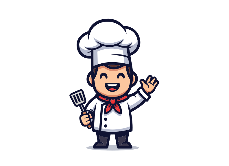 A cartoon chef in a white uniform waving while holding a metal spatula