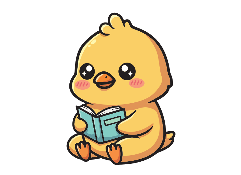 Un polluelo de dibujos animados amarillos leyendo un pequeño libro azul