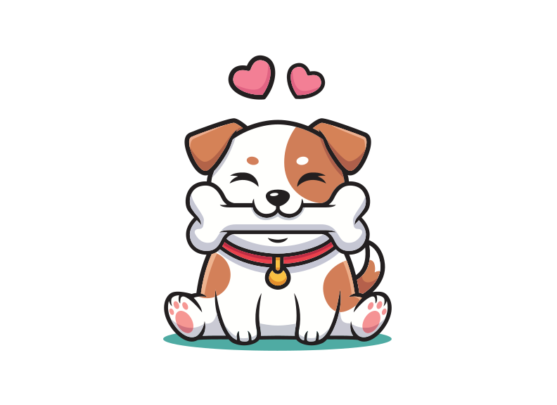 Anak anjing kartun dengan bercak coklat memegang tulang di mulutnya