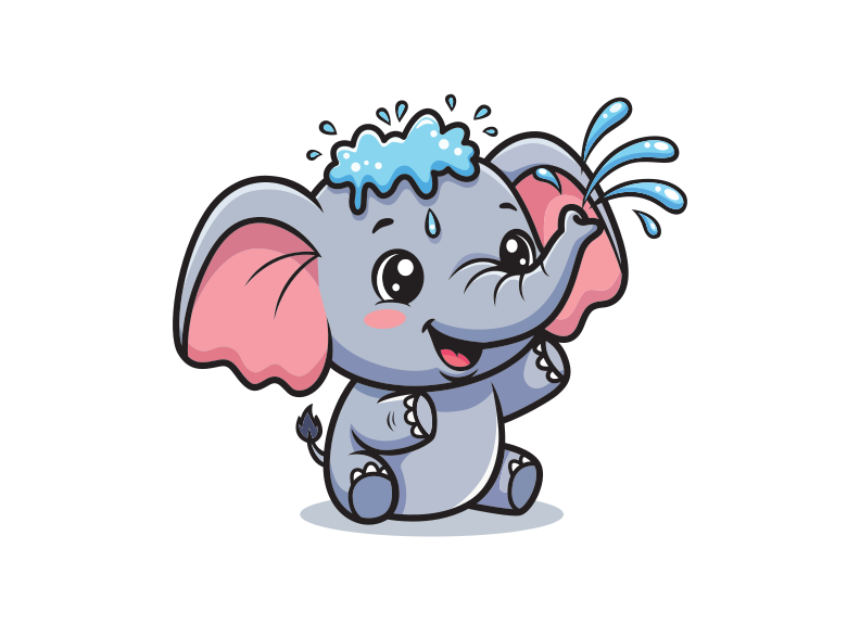 Um filhote de elefante animado sentado e espirrando água com a tromba