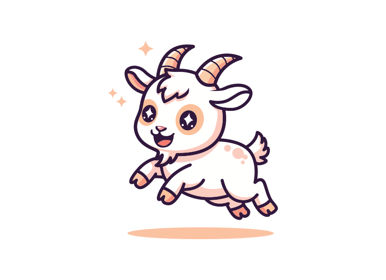 Um filhote de cabrito branco de desenho animado pulando com olhos brilhantes