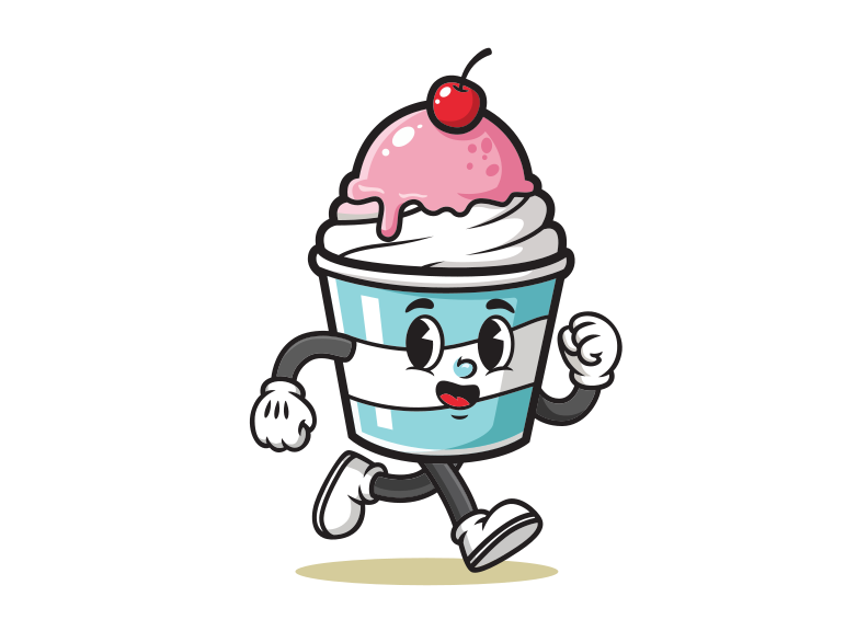 Gelas es krim kartun dengan ceri yang mengalir di latar putih