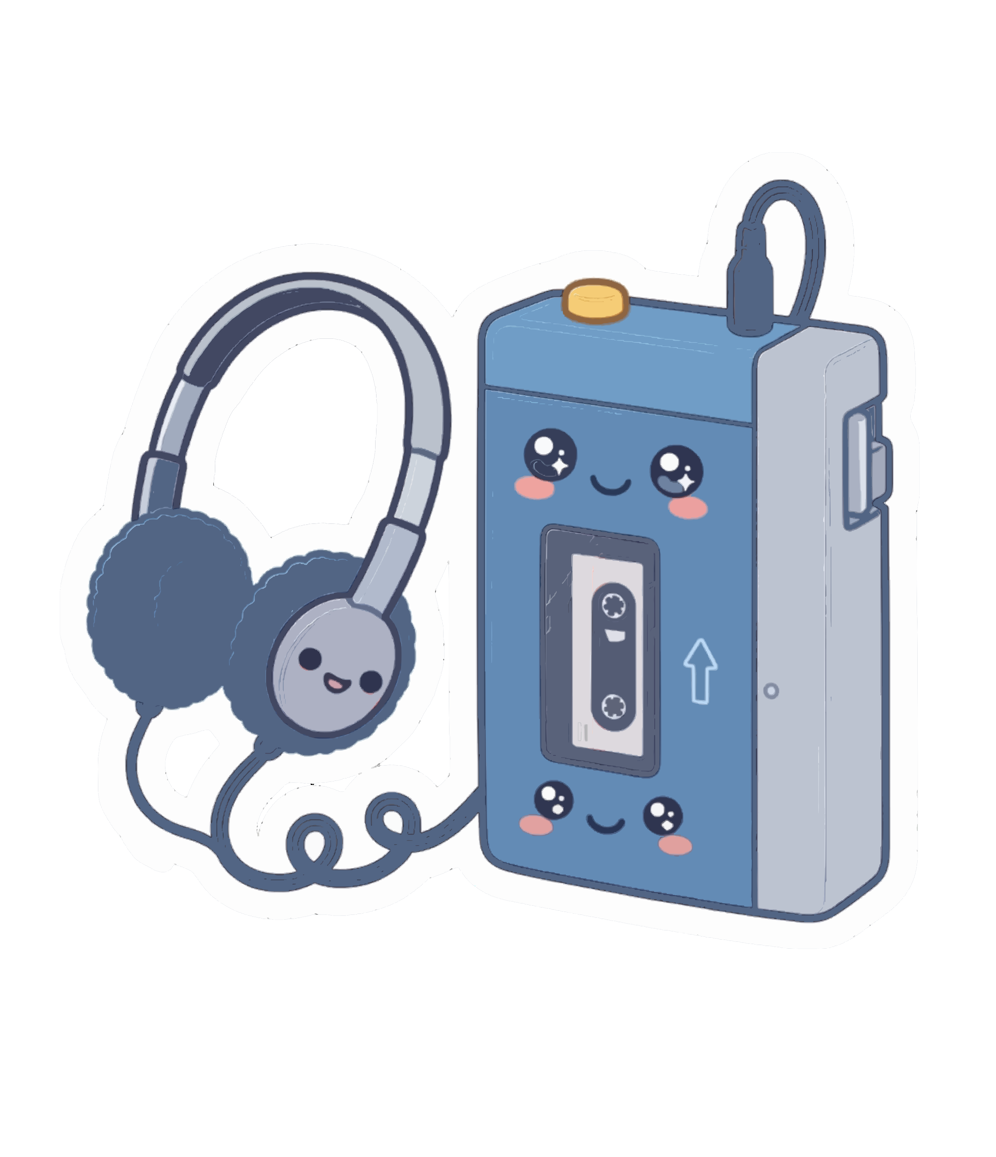 Un reproductor de casetes portátil azul con una cara sonriente conectado a unos auriculares a juego