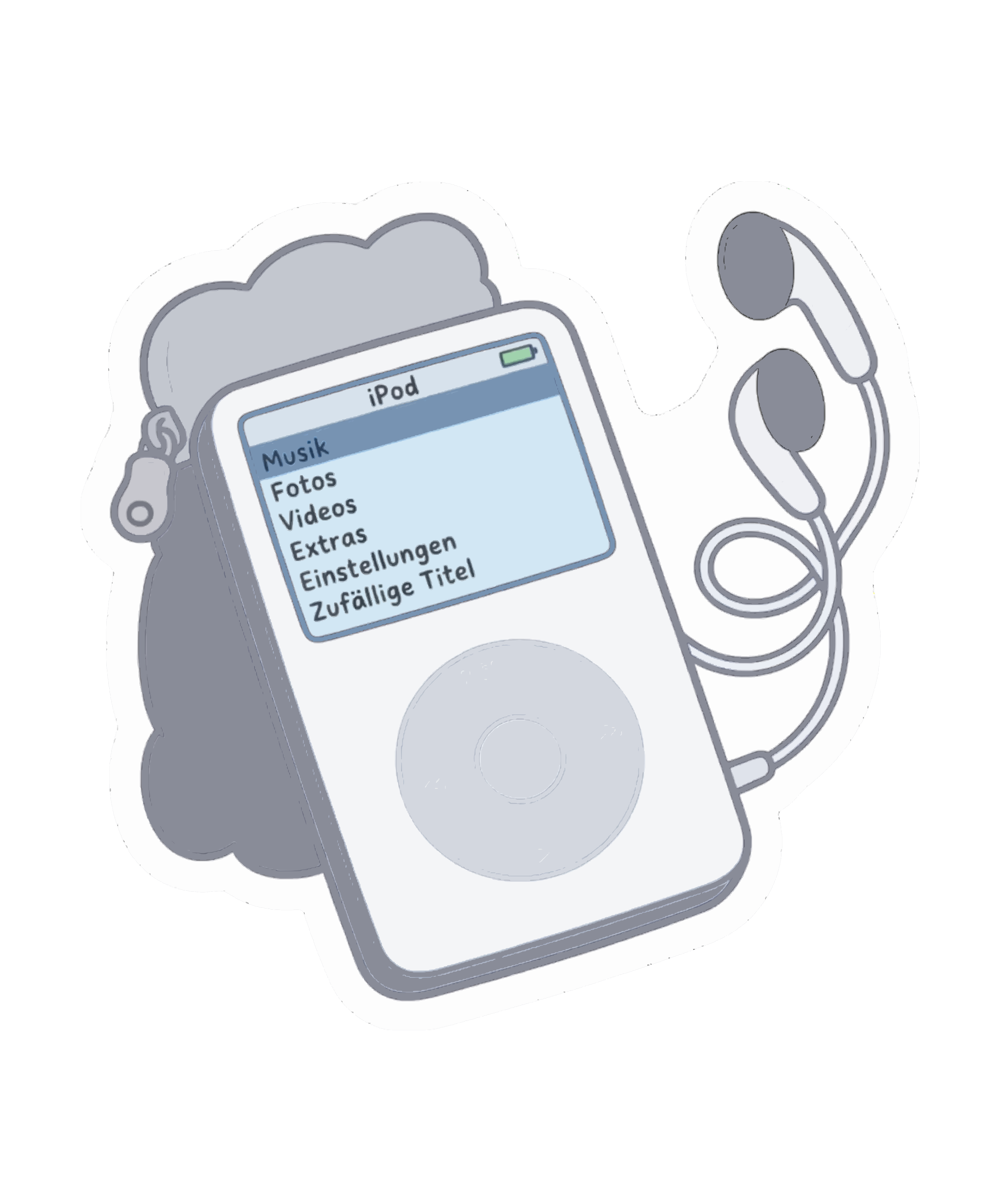 Ein weißer digitaler Musikplayer mit kabelgebundenen Ohrhörern und einer grauen Tasche