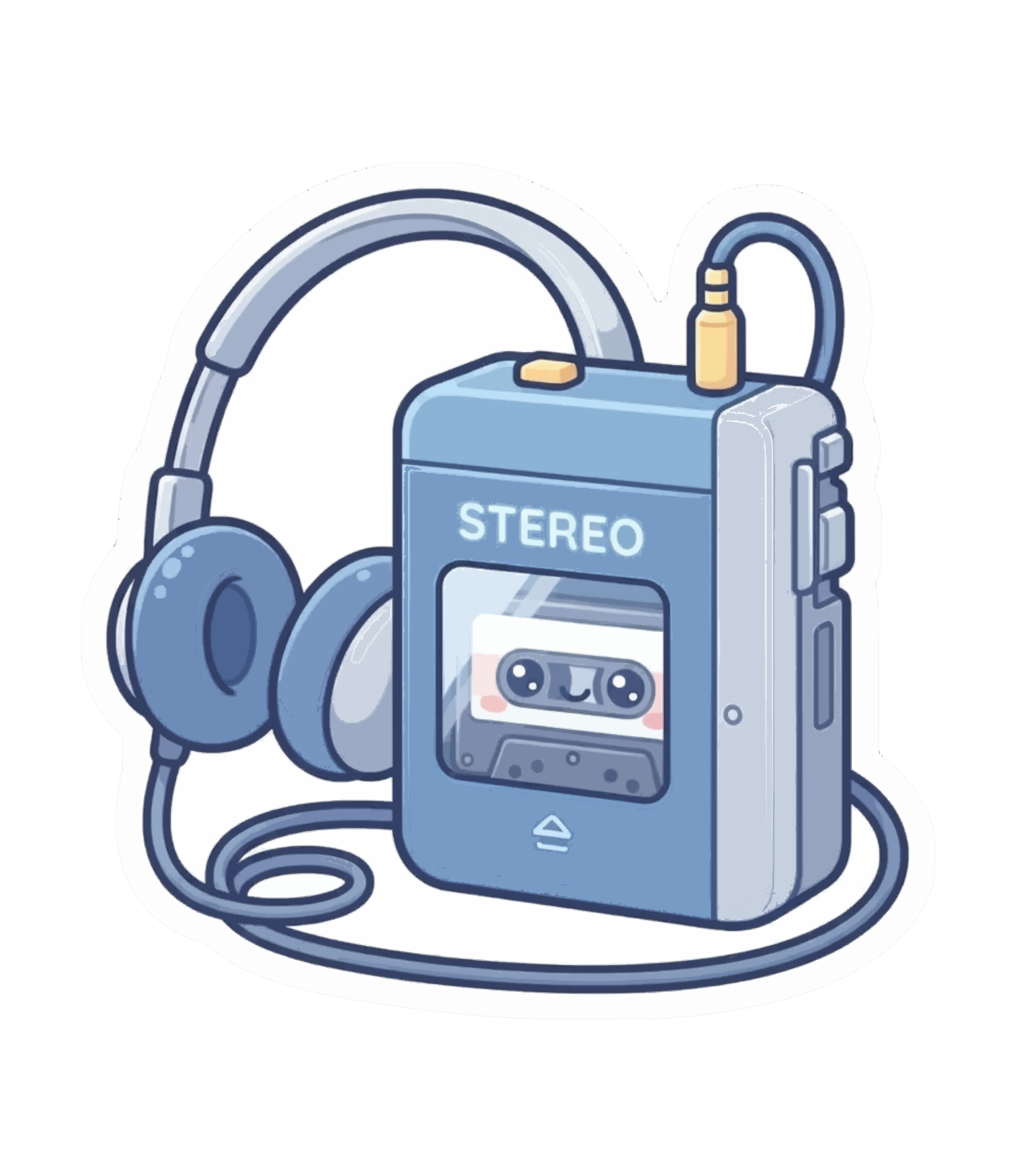 Un lecteur de cassettes portable bleu avec un casque et une cassette cassette adorable et souriante