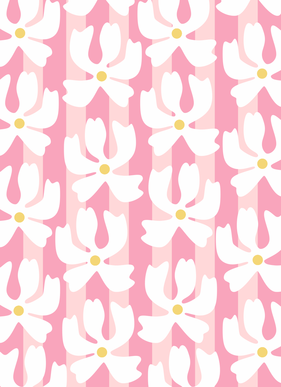 Un motif répétitif de fleurs blanches avec des centres jaunes sur des bandes verticales roses