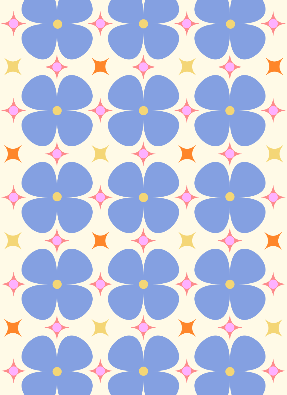Un motif répétitif de fleurs bleues à quatre pétales avec des centres jaunes et de petites étoiles colorées