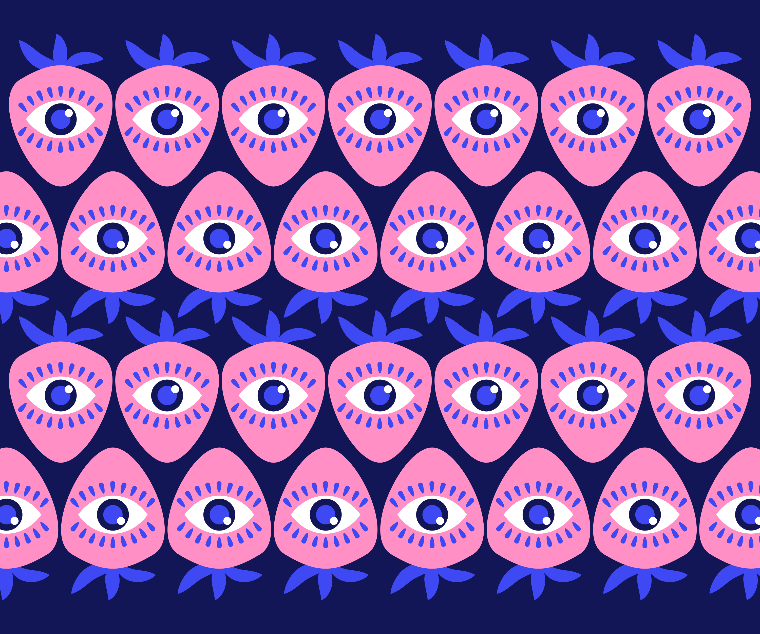 Um padrão repetitivo de morangos cor-de-rosa com olhos azuis sobre um fundo escuro